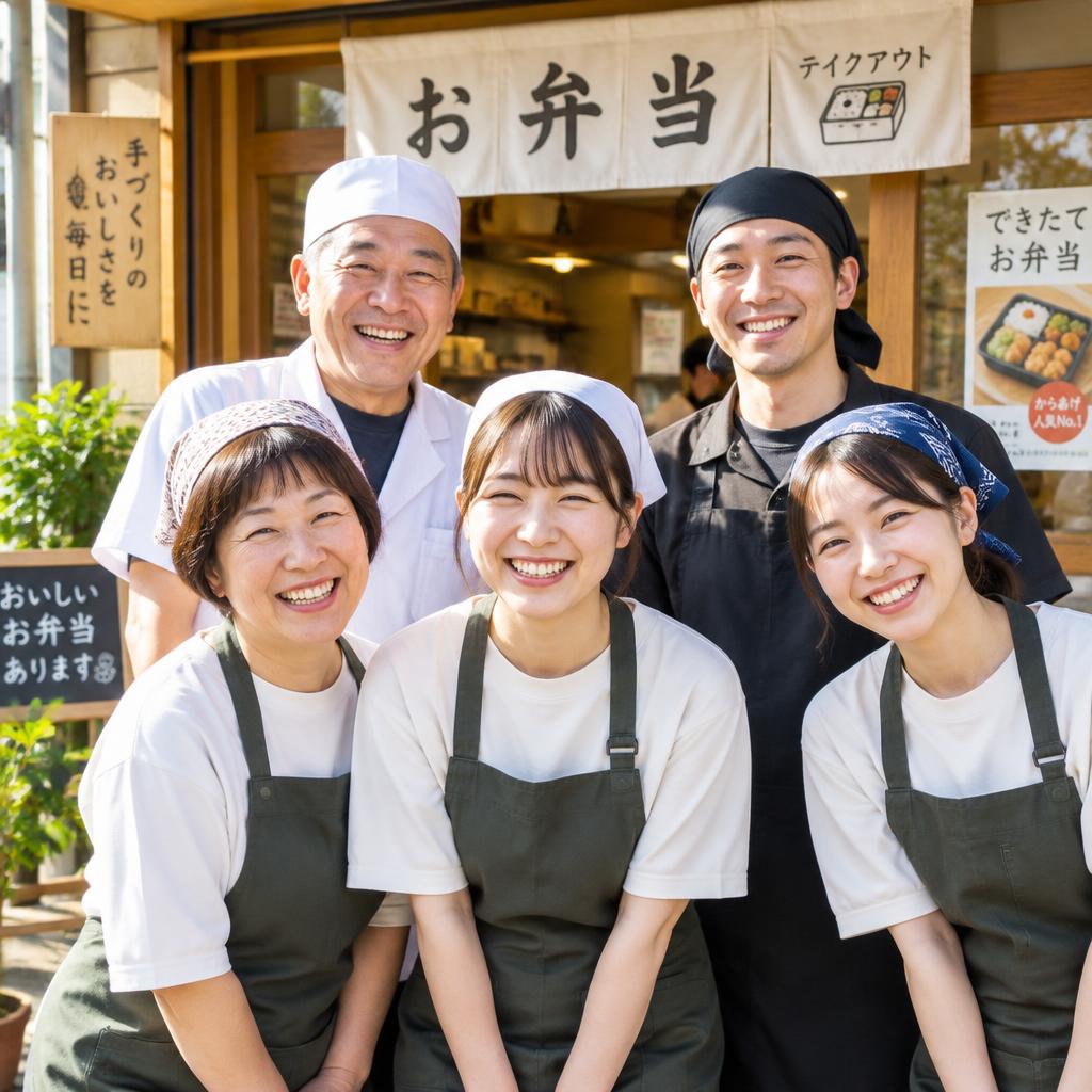 店の前で笑顔で並ぶ地元のスタッフたち